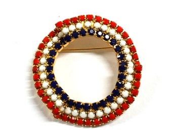 Vintage Red Whte and Blue Crystal Circle Pin / Brooch