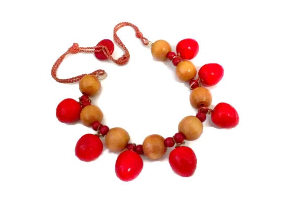 Cherry Necklace Wooden Beads on String with Butto… - image 2