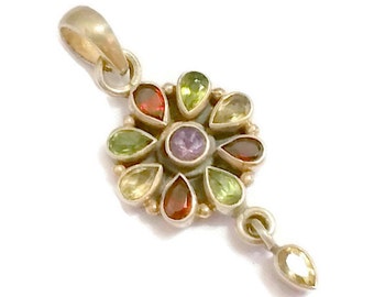 Vintage Sterling Silver Flower Pendant with Multicolored Stones