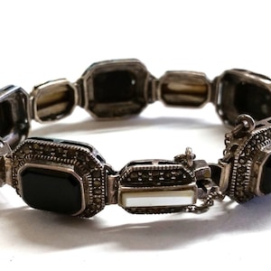 Vintage Black Onyx Marcasite Mother of Pearl Sterling Bracelet