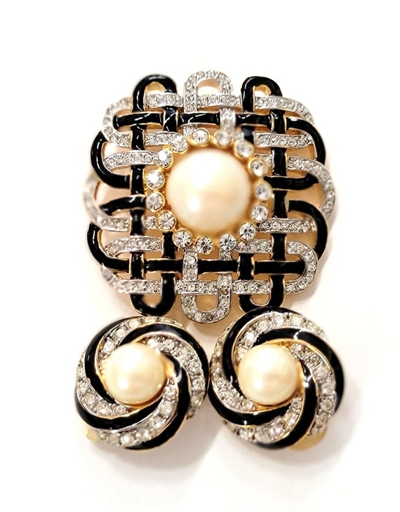 Nina Ricci Enamel Pearl Crystal Brooch Earring Set - image 4