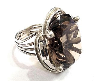 Anillo retro de plata de ley con topacio ahumado, talla 3.5