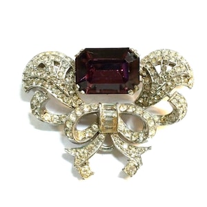 Silver Rhinestone Purple Amethyst Bow Pin / Brooch