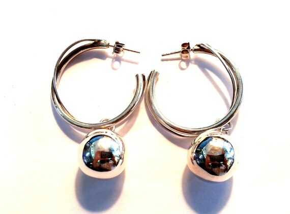 Sterling Silver Hoops with Dangling Balls - image 2