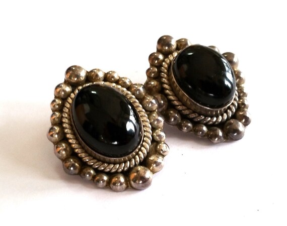 Sterling Silver Black Onyx Mexican Clip Earrings - image 2