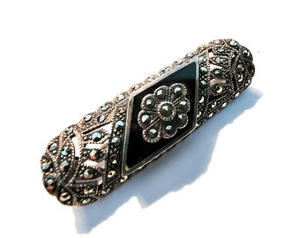 Art Deco Sterling Silver Black Onyx & Marcasite Bar Brooch / Pin