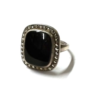 Small Sterling Silver Black Onyx and Marcasite Ring Size 4 1/2
