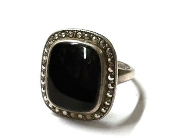 Small Sterling Silver Black Onyx and Marcasite Ring Size 4 1/2