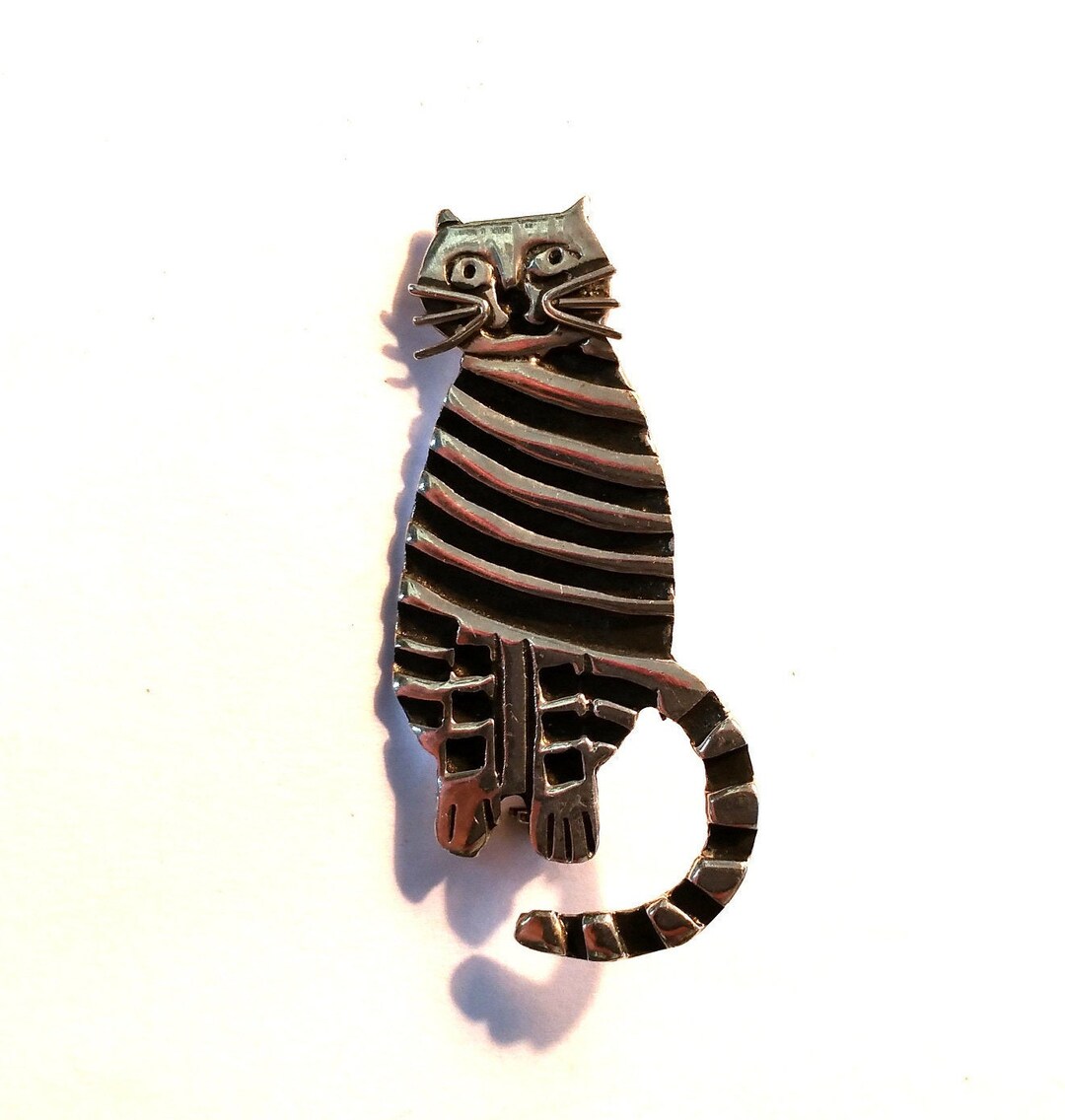 Modern Sterling Silver Whimsical Cat Brooch / Pin - Etsy