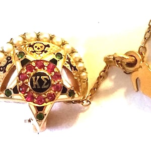 Può includere: Una spilla dorata con un design a stella, con un cerchio centrale con pietre preziose rosse e le lettere "KΣ". La spilla è adornata con perle e accenti verdi e neri. Un piccolo teschio è visibile in alto. È attaccata una catena d'oro.