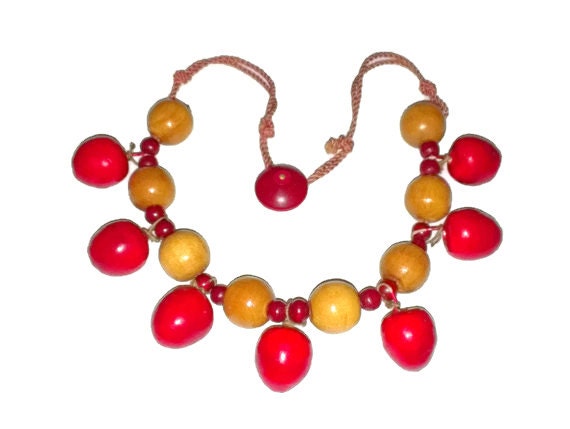 Cherry Necklace Wooden Beads on String with Butto… - image 1