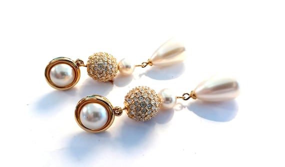 Swarovski Gold Tone Crystals Pearls Dangle Teardro
