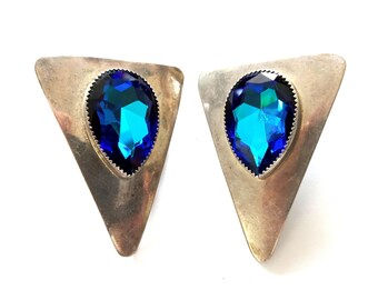 Artisan Sterling Silver Blue Crystal Triangle Post Earrings