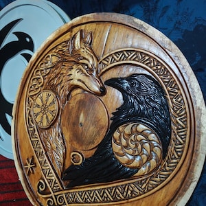 Viking Shield and Axe Set, Handcrafted Wood Round Shield with Carved Wolf and Raven, Celtic Knot Axe, Norse Wall Decor Gift