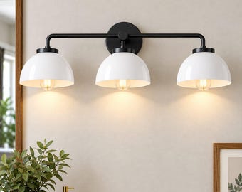 3-Light Polished Brass Vanity Sconce, White Dome Shades, Modern Bathroom Lighting