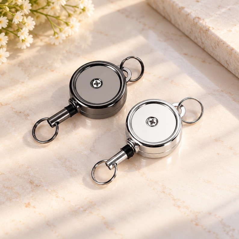 Pull Back Spool Retractable Metal Keychain, Pull Back Key Reel, Round ID Badge Holder ...