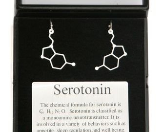 Serotonin Molecule Earrings-Molecular structure of serotonin on lever back earwires- gift for scientist packaged with serotonin description