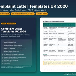 May include: A digital document titled Complaint Letter Templates UK 2026 featuring 12 fill-in letters and a guide. The layout includes a list of topics like Section 75 claims and chargeback requests, alongside a table detailing deadlines and escalation routes.
