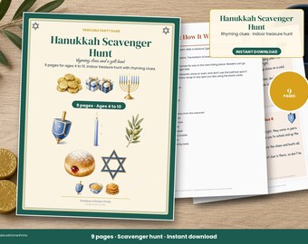 Chanukka-Schatzsuche für Kinder, Chanukka-Schatzsuche für drinnen mit gereimten Hinweisen, Chanukka-Geldjagd-Partyspiel zum Ausdrucken, Alter 4 bis 10 Jahre