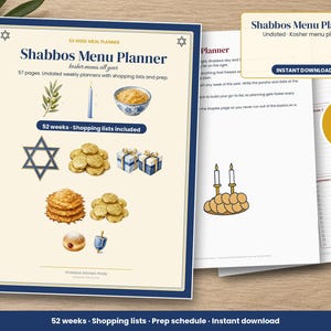 Shabbos Menu Planner Printable, Shabbat Meal Planner 52 Weeks, Kosher Menu Planner, Shopping List, Prep Schedule, Undated PDF image 1