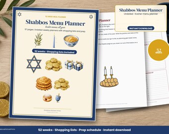 Schabbat-Menüplaner zum Ausdrucken, Schabbat-Speiseplaner für 52 Wochen, Koscherer Menüplaner, Einkaufsliste, Vorbereitungsplan, undatiertes PDF