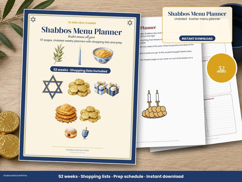 Shabbos Menu Planner Printable, Shabbat Meal Planner 52 Weeks, Kosher Menu Planner, Shopping List, Prep Schedule, Undated PDF image 1