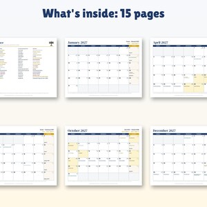Op de afbeelding: Een 15-pagina tellende kalenderset voor 2027 met een overzichtspagina getiteld 2027 at a Glance en maandelijkse rasterindelingen voor januari, april, juli, oktober en december. Elke pagina toont datums, dagen van de week en gemarkeerde delen in blauw en geel.