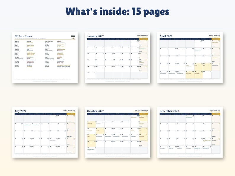 Op de afbeelding: Een 15-pagina tellende kalenderset voor 2027 met een overzichtspagina getiteld 2027 at a Glance en maandelijkse rasterindelingen voor januari, april, juli, oktober en december. Elke pagina toont datums, dagen van de week en gemarkeerde delen in blauw en geel.