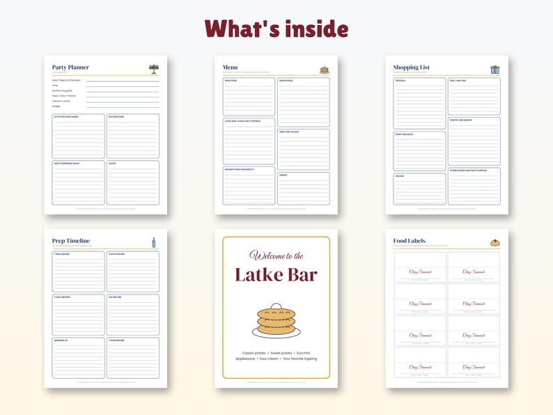 Hanukkah Party Planner Printable, Chanukah Menu Planner, Latke Bar Sign, Food Labels, Shopping List, Hosting Checklist, PDF image 4
