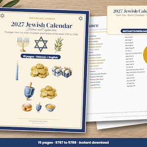 Op de afbeelding: Een printbare Joodse wandkalender voor 2027 met Hebreeuwse en Engelse data, 15 pagina's, met illustraties van een menora, Davidsster, olijftak, gouden munten, geschenken, dreidels en een gevulde donut op een cr&egrave;mekleurige achtergrond.