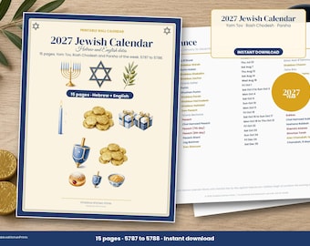 Jüdischer Kalender 2027 zum Ausdrucken, hebräische und englische Daten, Jom Tov, Rosch Chodesch, Wochenabschnitt (Parascha), Wandkalender 5787 bis 5788