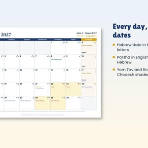 Op de afbeelding: Een wandkalender voor april 2027 met een rasterindeling voor zowel gregoriaanse als Hebreeuwse data. De tekst bevat 'Every day, both dates', 'Hebrew date in Hebrew letters', 'Parsha in English and Hebrew' en 'Yom Tov and Rosh Chodesh shaded'.