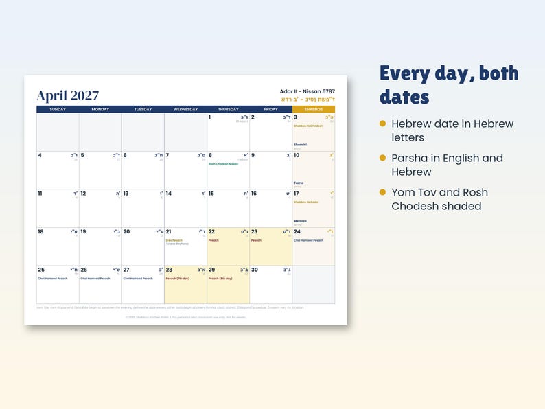 Op de afbeelding: Een wandkalender voor april 2027 met een rasterindeling voor zowel gregoriaanse als Hebreeuwse data. De tekst bevat 'Every day, both dates', 'Hebrew date in Hebrew letters', 'Parsha in English and Hebrew' en 'Yom Tov and Rosh Chodesh shaded'.
