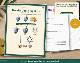 Dreidel-Spielregeln zum Ausdrucken, Dreidel-Spielanleitung (Poster), Chanukka-Spieleabend-Set, Punktezettel, Dreidel-Vorlage aus Papier, Chanukka