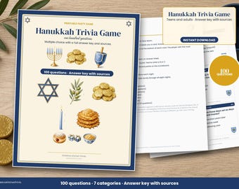 Chanukka-Quizspiel, 100 Chanukka-Quizfragen, Familienspiel für Jugendliche und Erwachsene, druckbare Karten mit Lösungsblatt