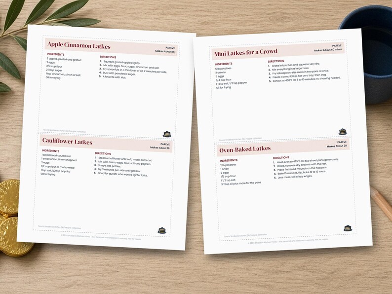 Latke Recipe Cards Printable, 8 Hanukkah Latke Recipes, Chanukah Recipe Cards 5x7, Kosher Holiday Recipes, Hostess Gift image 3