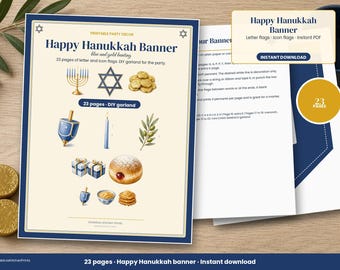 Fröhliches Chanukka-Banner zum Ausdrucken, Chanukka-Girlande, blau-goldene Menora-Wimpelkette, DIY-Partydekoration, Sofort-Download