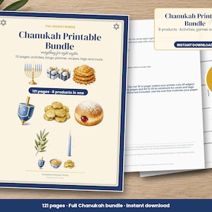 Hanukkah Printable Bundle, 8 Chanukah Activities for Kids and Families, Bingo, Coloring, Dreidel Game, Party Planner, Gift Tags, 121 Pages image 1
