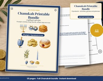 Chanukka-Druckvorlagen-Paket, 8 Chanukka-Aktivitäten für Kinder und Familien, Bingo, Ausmalbilder, Dreidel-Spiel, Partyplaner, Geschenkanhänger, 121 Seiten