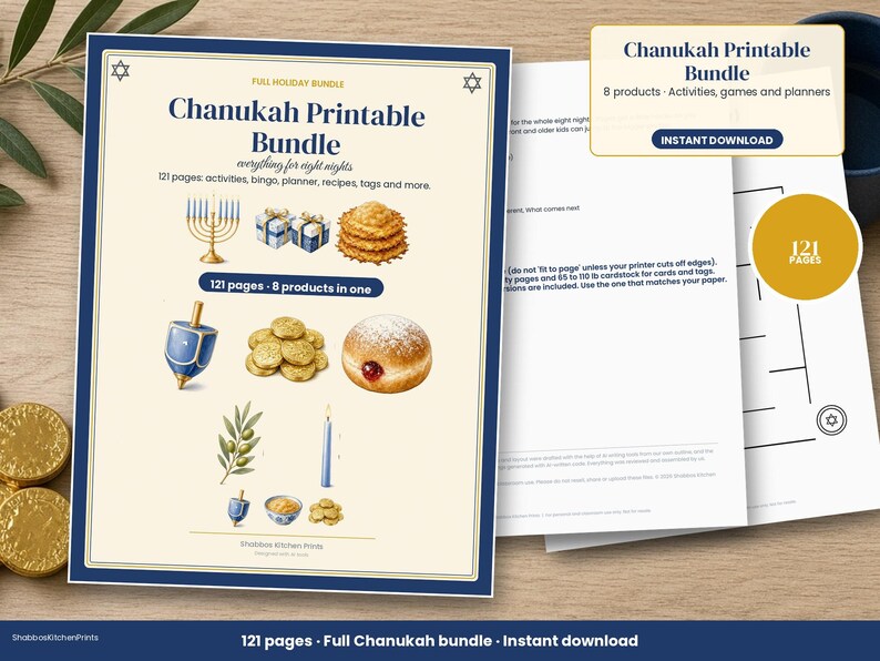 Hanukkah Printable Bundle, 8 Chanukah Activities for Kids and Families, Bingo, Coloring, Dreidel Game, Party Planner, Gift Tags, 121 Pages image 1