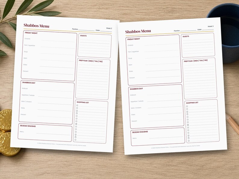 Shabbos Menu Planner Printable, Shabbat Meal Planner 52 Weeks, Kosher Menu Planner, Shopping List, Prep Schedule, Undated PDF image 3