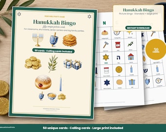 Chanukka-Bingo mit 50 Karten für große Gruppen, Chanukka-Bilderbingo, Spiel für Klassenzimmer, Synagoge und Seniorenfeiern, inklusive Spielkarten