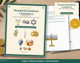 8 Nächte Chanukka-Gutes-Countdown für Kinder, Chanukka-Mitzwa-Herausforderungskarten, druckbare Familienaktivität, sofortiger Download