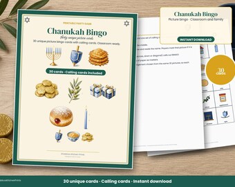 Chanukka-Bingo-Spiel, 30 druckbare Chanukka-Bingo-Karten mit Bildern, für Klassenfeiern, Hebräischunterricht, Spieleabende mit der Familie, PDF