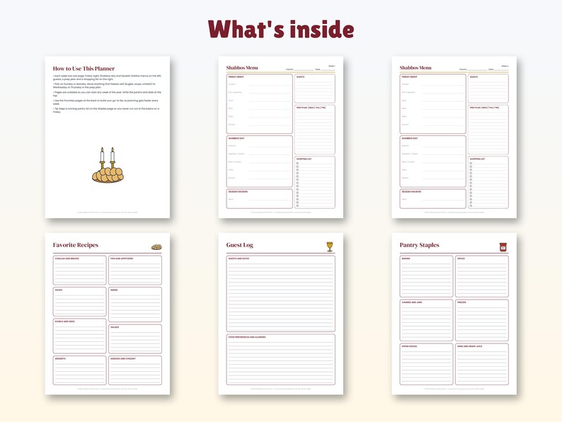 Shabbos Menu Planner Printable, Shabbat Meal Planner 52 Weeks, Kosher Menu Planner, Shopping List, Prep Schedule, Undated PDF image 4