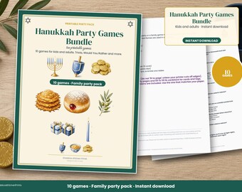 Chanukka-Partyspiele-Paket, 10 druckbare Chanukka-Spiele für Familie, Kinder und Erwachsene, Quiz, „Würdest du eher…?“, Bilderrätsel, Schnitzeljagd