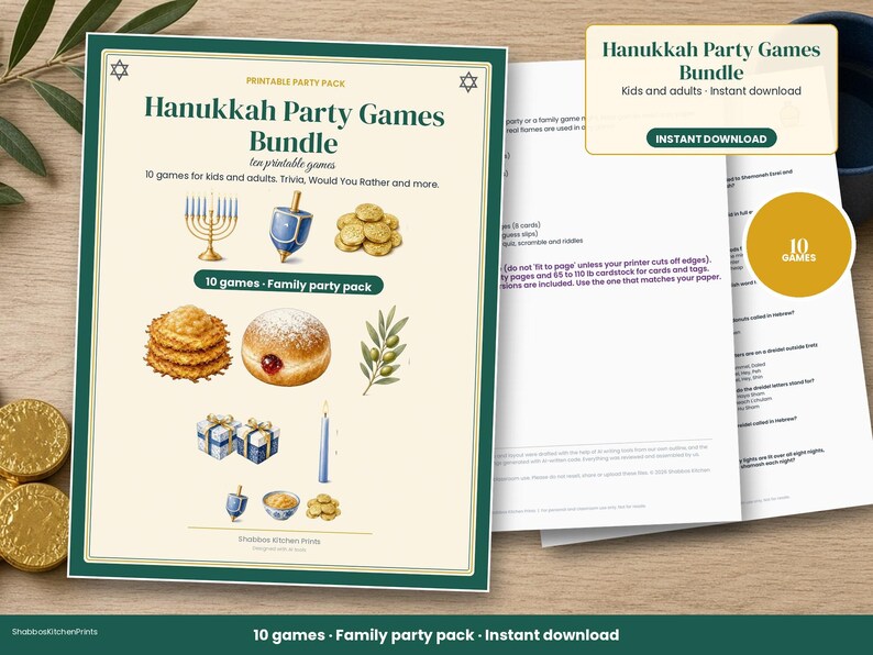 Hanukkah Party Games Bundle, 10 Printable Chanukah Games for Family, Kids and Adults, Trivia, Would You Rather, Picture Quiz, Scavenger Hunt image 1