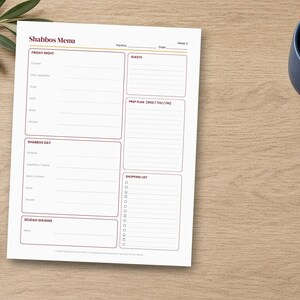Shabbos Menu Planner Printable, Shabbat Meal Planner 52 Weeks, Kosher Menu Planner, Shopping List, Prep Schedule, Undated PDF image 2