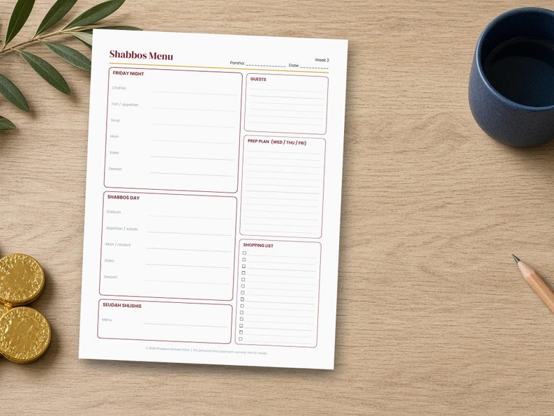 Shabbos Menu Planner Printable, Shabbat Meal Planner 52 Weeks, Kosher Menu Planner, Shopping List, Prep Schedule, Undated PDF image 2