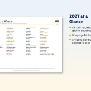 Op de afbeelding: Een kalenderblad voor 2027 met de titel 2027 at a Glance en een gouden menora-icoon. Het document bevat een lijst met Joodse feestdagen, vastendagen en speciale Shabbosos van januari tot december 2027, gecontroleerd met Hebcal-gegevens.